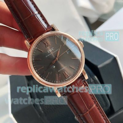 Fake IWC Portofino rose gold caseCitizen 8215 movementbrown leather strap 